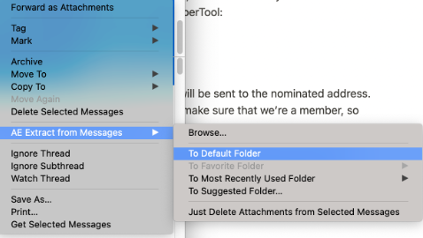 Thunderbird context menu showing AE Extract from Messages → To Default Folder